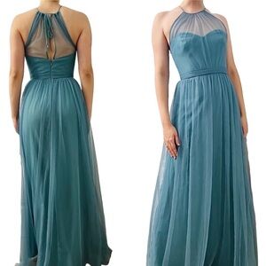 Amsale Dress Bridesmaid Formal Long Tulle Blue Halter Mesh 4 Small